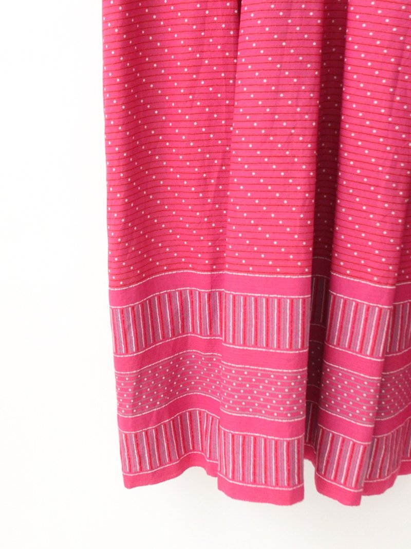 【RE1004D1398】早秋復古甜美俏皮圓點點格紋桃紅色短袖古著洋裝 - 連身裙 - 聚酯纖維 粉紅色