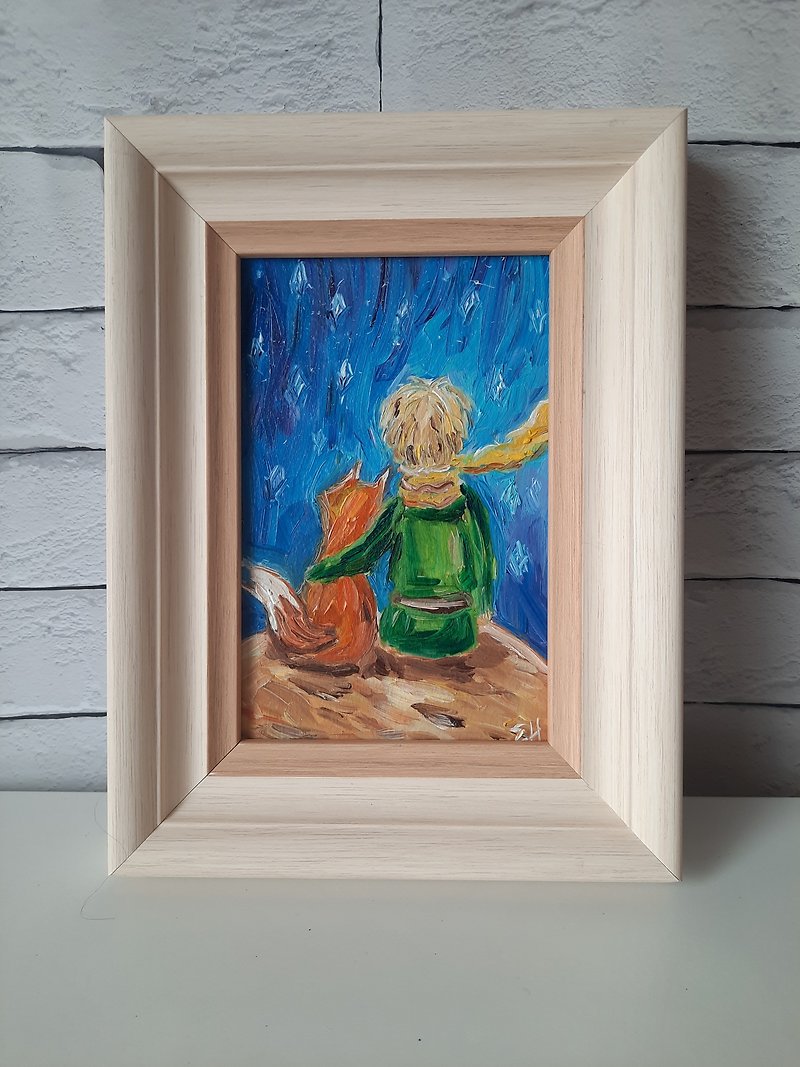 The little prince Fox oil painting Small oil painting - Posters - Wood Blue