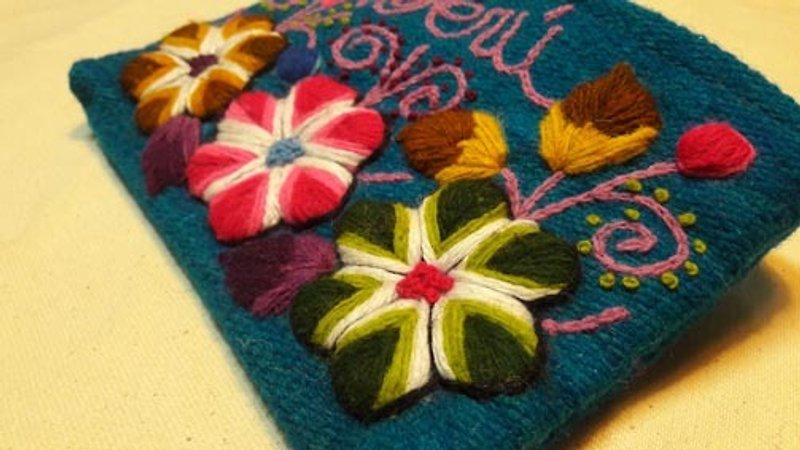 Rainbow Flower Hand-embroidered Pouch-Blue - Toiletry Bags & Pouches - Other Materials Blue