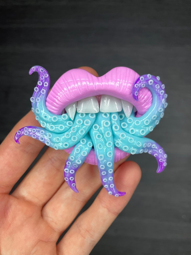 Phone grip. Pink lips with blue tentacles. - Other - Clay 