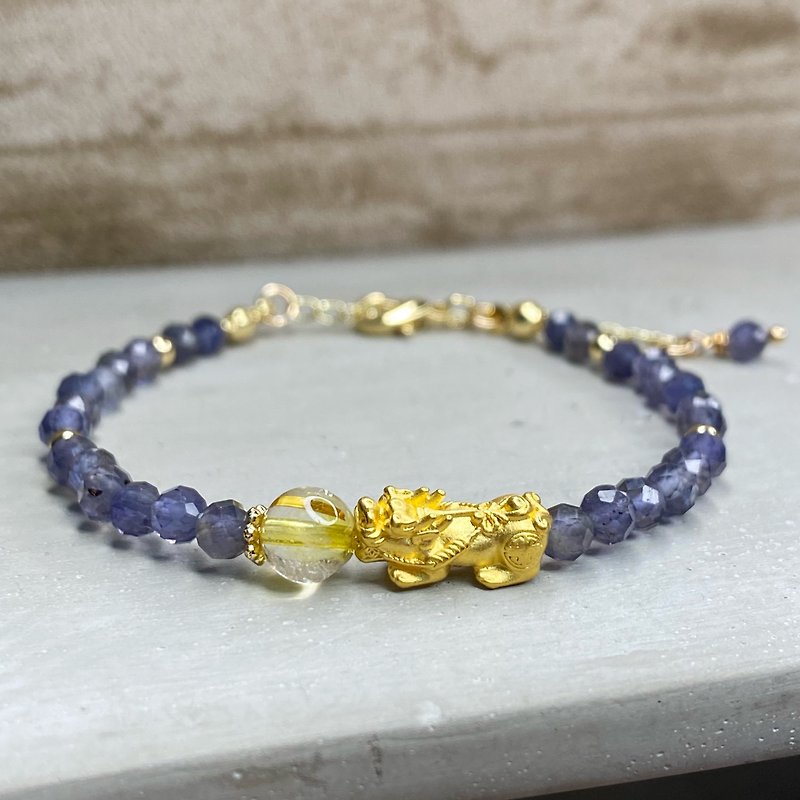 Amethyst Mine-Pure Gold Pixiu Titanium Crystal with Beads 4mm Amethyst Crystal Bracelet JYL Next-hand Made - Bracelets - Precious Metals Purple