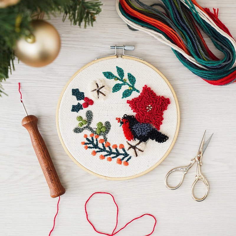 【Winter Wreath】Stitching Hoop - Punch Needle Embroidery | Xiu Crafts - เย็บปัก/ถักทอ/ใยขนแกะ - งานปัก หลากหลายสี