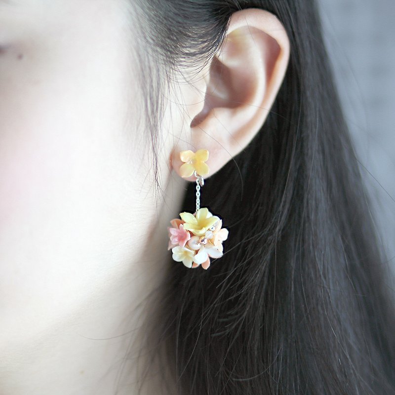 Pamycarie spring and summer resin clay orange yellow hydrangea 925 sterling silver earrings - Earrings & Clip-ons - Clay Orange