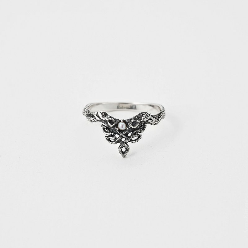 Leaf and Vine Ring with Pearl - 戒指 - 純銀 銀色