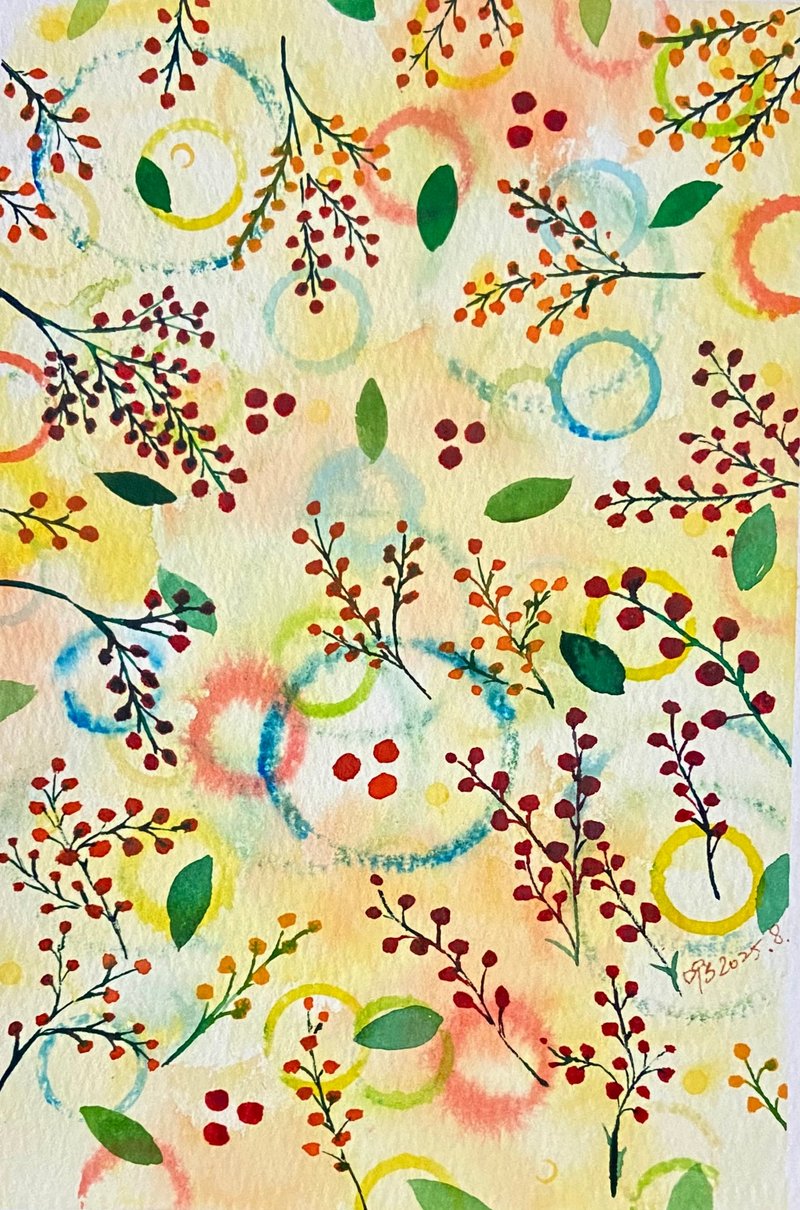 花と草のシリーズ - ピンクの泡 (13X19cm) 水彩画 / 額なし原画 - 置物 - 紙 ホワイト