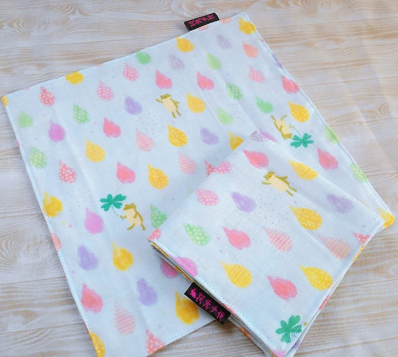 Little frog in the rain Japanese double-faced double-faced handkerchief small square - Bibs - Cotton & Hemp Multicolor