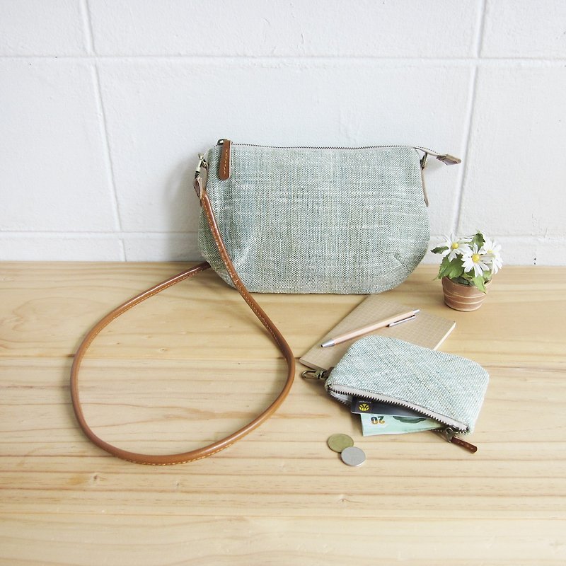 Goody Bag / A set of Cross-body Mini Curve Bag with Coin Bag in Green Color Cotton - 側背包/斜背包 - 棉．麻 綠色