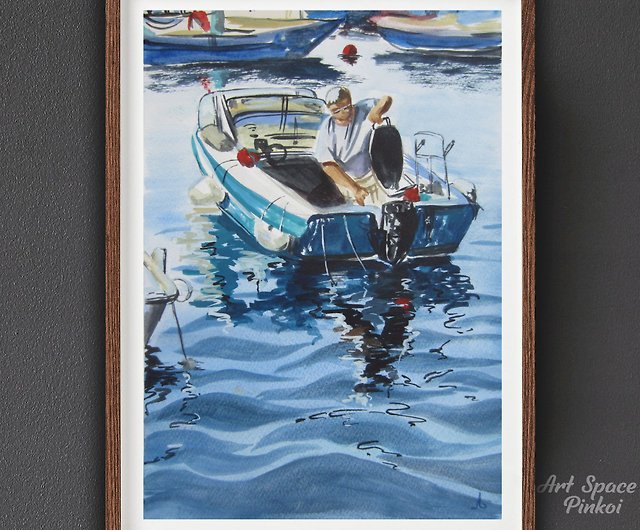 Original watercolor painting fisherman on a motor boat , home wall decor  office - Shop Art Space Posters - Pinkoi