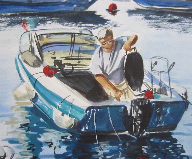 Original watercolor painting fisherman on a motor boat , home wall decor  office - Shop Art Space Posters - Pinkoi