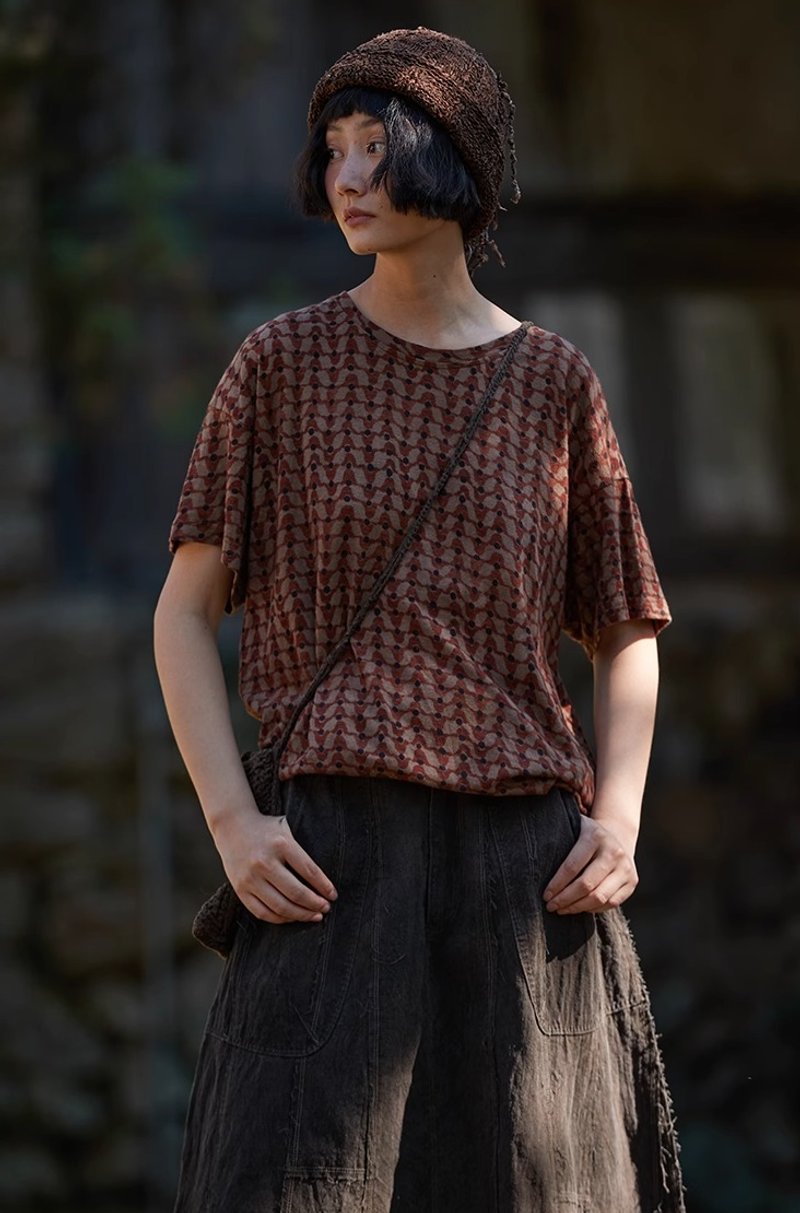 復古文青 棉麻針織短袖T恤 - 女 T 恤 - 其他材質 多色