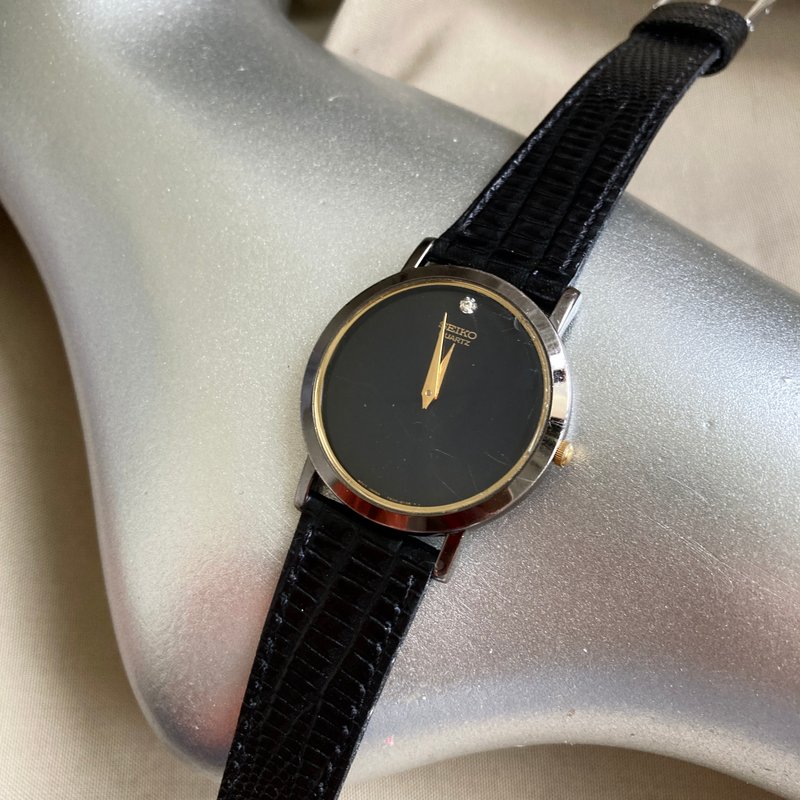 SEIKO 玻璃金色印刷 黑色圓形 真皮錶帶 古董錶 vintage - 男錶/中性錶 - 其他金屬 黑色