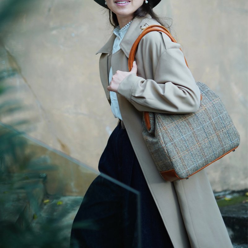 【羊毛拼皮醫生包】Harris Tweed醫生包手提英倫風2way肩背腋下包 - 側背包/斜背包 - 真皮 橘色