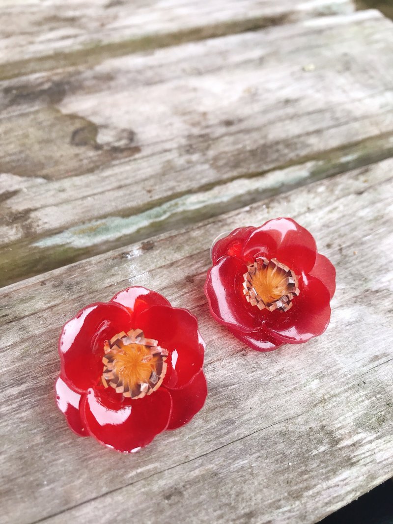 Earrings-Camellia (ear pin / Clip-On) - Earrings & Clip-ons - Plastic Red