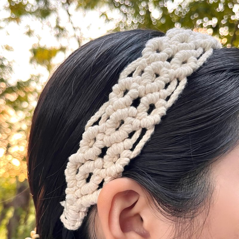 波希米亞浪漫編結髮帶 || macramé 編結工藝 療癒文創手作 - 髮箍/髮帶 - 棉．麻 白色