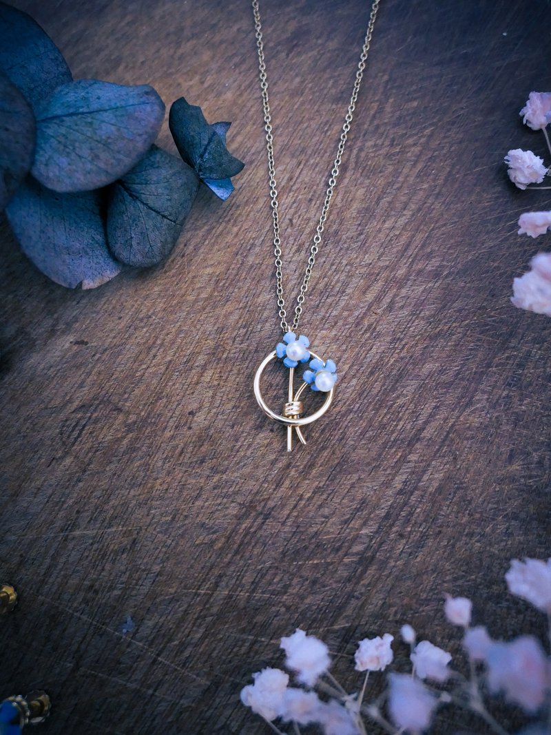 Krementz 勿忘我琺瑯珍珠雙花項鍊—美國古董首飾Vintage Jewelry - 項鍊 - 珍珠 