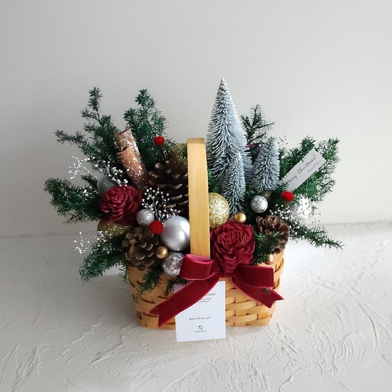 Xmas|Eternal Cedar|Nordic Fairytale Immortal Cedar Basket Potted Flowers_Tongcao Rose|Christmas Home Decoration - Dried Flowers & Bouquets - Plants & Flowers Red