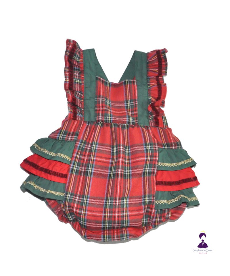 Christmas plaid-Xiaowei apron onesies - Onesies - Cotton & Hemp Red