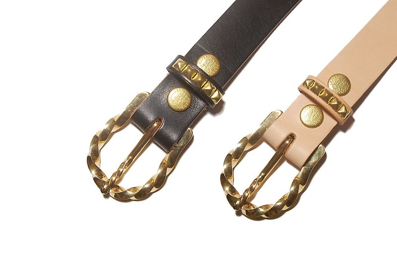 Brass twisted buckle belt - Brass twist strap - เข็มขัด - หนังแท้ สีดำ