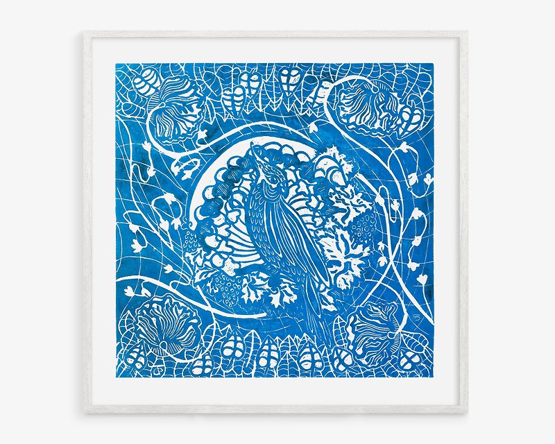 ライトブルーのオウム オリジナルアートワーク リノカットプリント 植物の花の壁アート装飾 - ポスター・絵 - 紙 ブルー