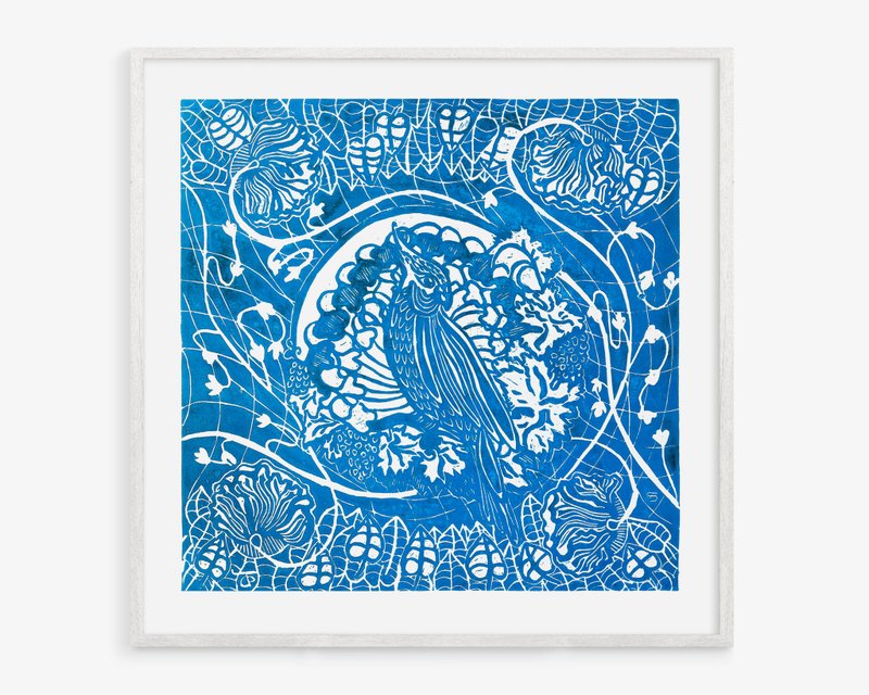 Light blue parrot Original artwork Linocut print Botanical floral wall art decor - 海報/掛畫/掛布 - 紙 藍色