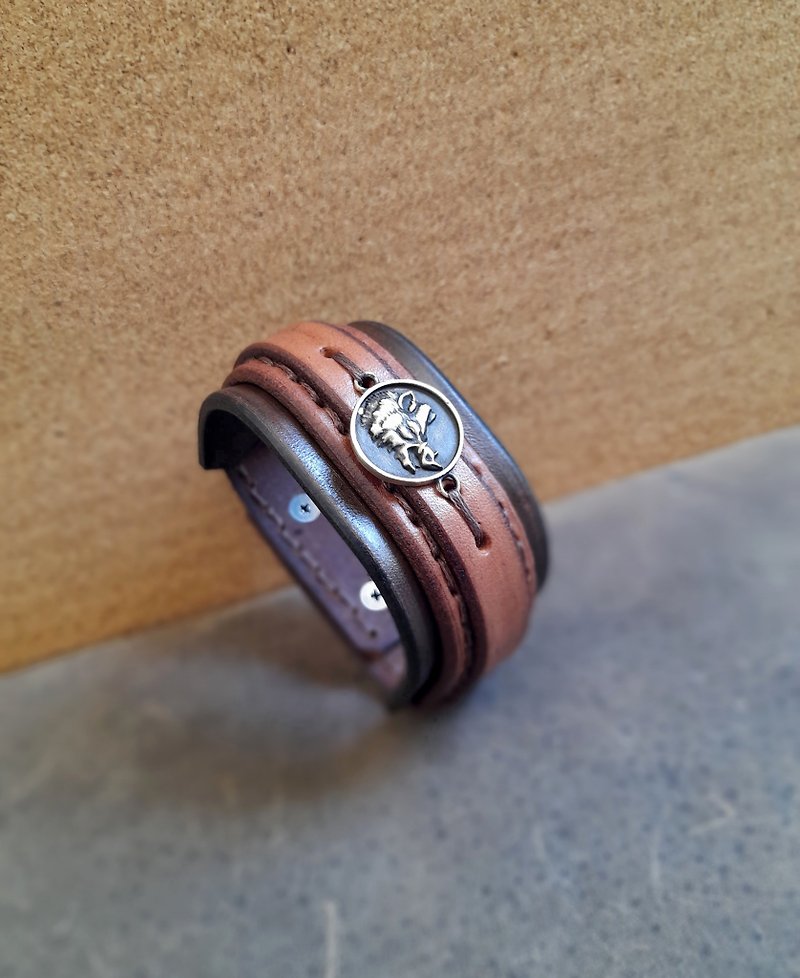 Wide Wild Boar Pendant Bracelet, Spirit Animal, Power Bracelet, Greek Mythology - Bracelets - Genuine Leather Brown