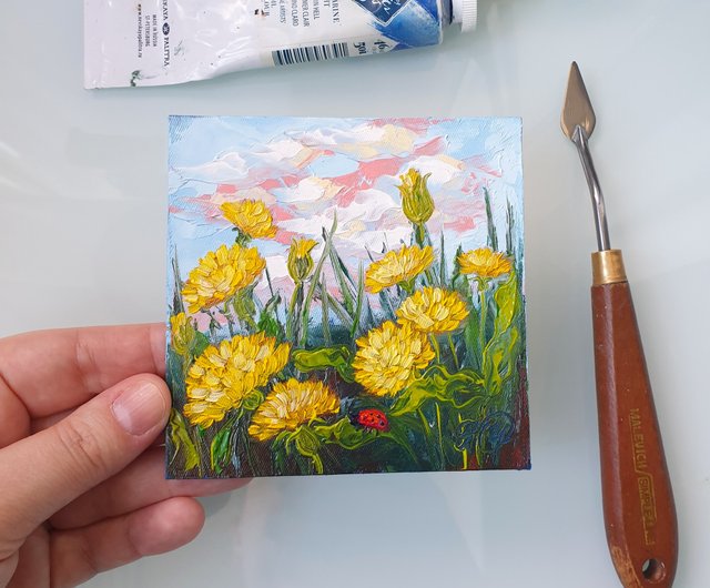 タンポポの絵てんとう虫オリジナルアートワイルドフラワー タンポポの絵てんとう虫オリジナルアートワイルドフラワー