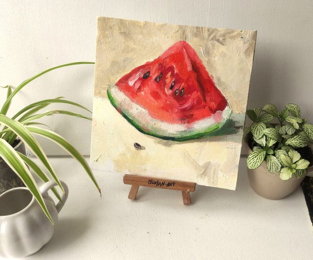 スイカの絵画 オリジナル油絵 メロンアートワーク キッチン