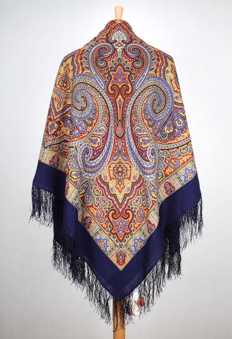 Pavlovo Posad Russian Shawl 100% Wool Scarf 125x125 cm Wrap Silk Fringe 814-14 - ผ้าพันคอ - ขนแกะ สีน้ำเงิน