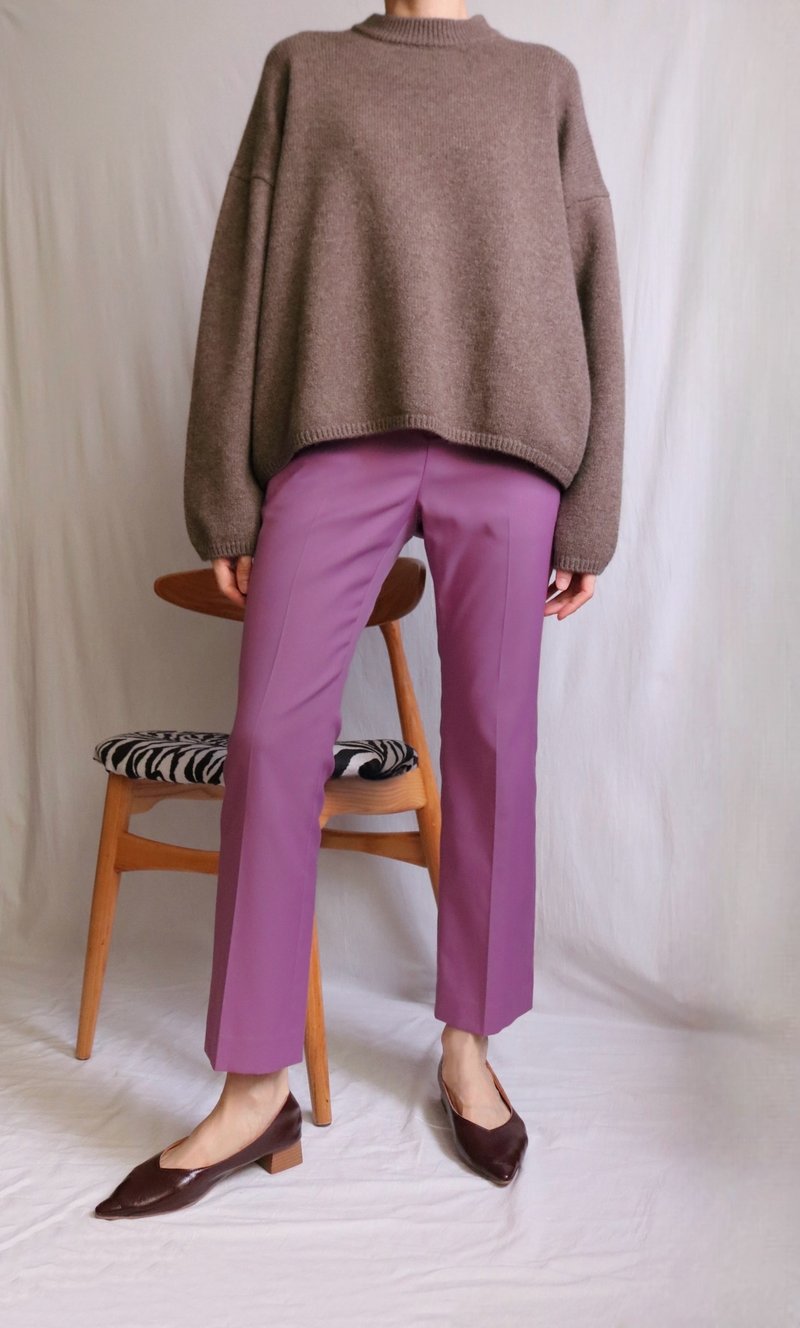 Cool Rose Purple High-Waisted Fitted Cropped Wool Trousers - กางเกงขายาว - ขนแกะ สีม่วง