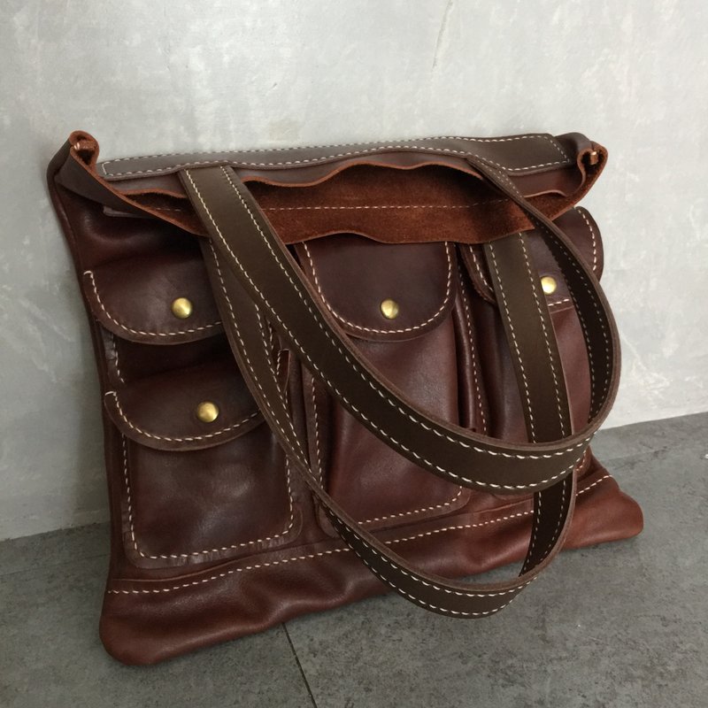 手工縫製軟皮手提包搭配深棕色植鞣革肩帶 - 手提包/手提袋 - 真皮 