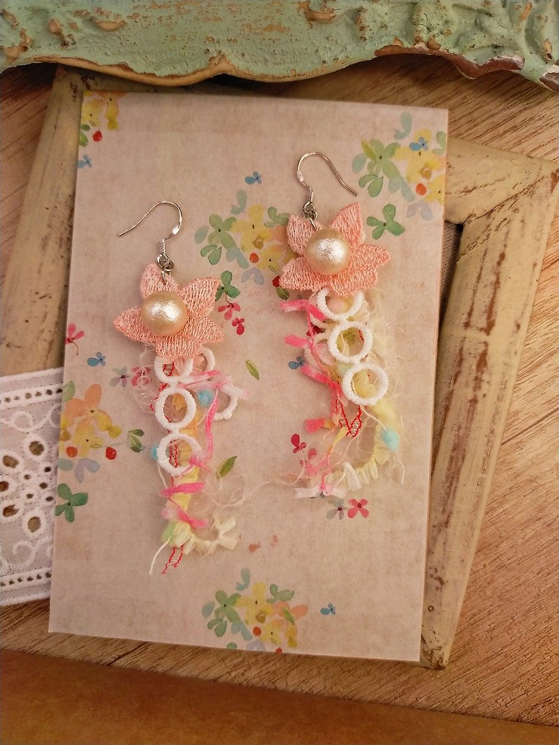 Japanese Cotton Pearl Hand Twisted Yarn Fringed Hand Earrings*Pink D248 - ต่างหู - วัสดุอื่นๆ สึชมพู
