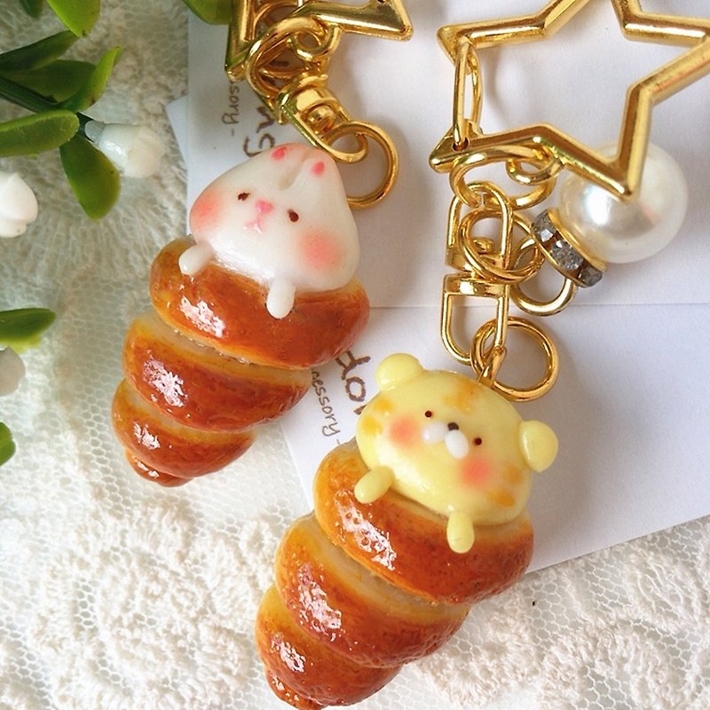 Mini cute handmade cute little animals Japanese spiral bread keychain lobster clasp bag pendant charm - พวงกุญแจ - วัสดุอื่นๆ 