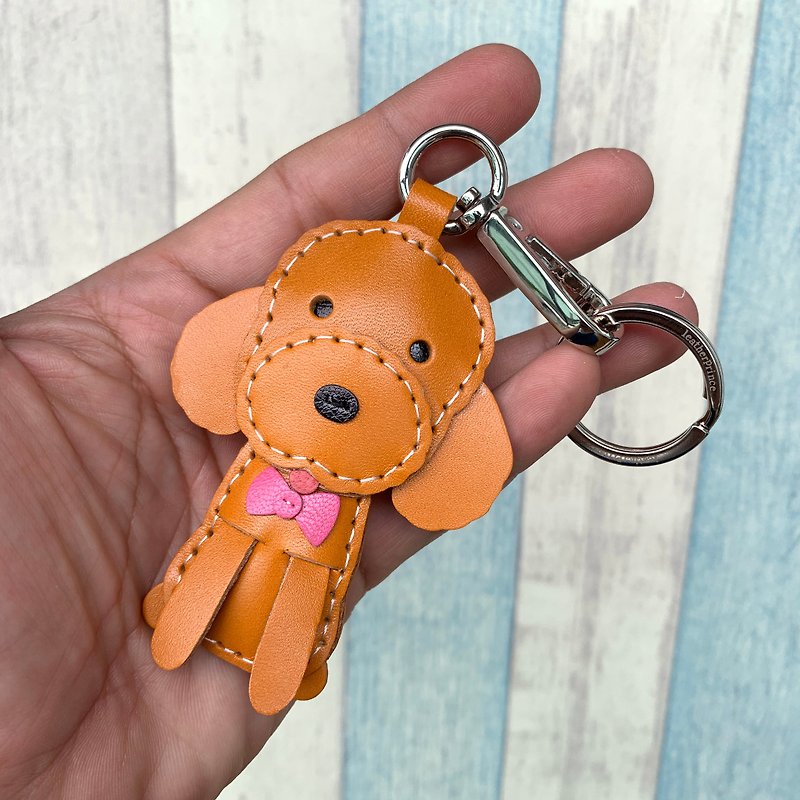 Healing small objects handmade leather brown poodle hand-stitched keychain small size - ที่ห้อยกุญแจ - หนังแท้ สีนำ้ตาล