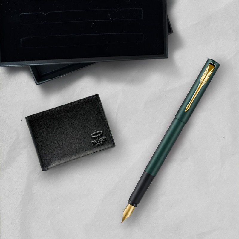 PARKER 派克 威雅XL系列 潮水綠 鋼筆 F尖 牛皮短夾禮盒 免費刻字 - 鋼筆 - 其他金屬 綠色