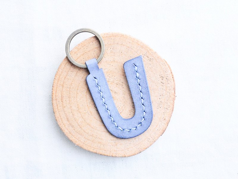 Initial U letter keychain - ash leather group well stitched leather material bag key ring Italy - เครื่องหนัง - หนังแท้ สีน้ำเงิน