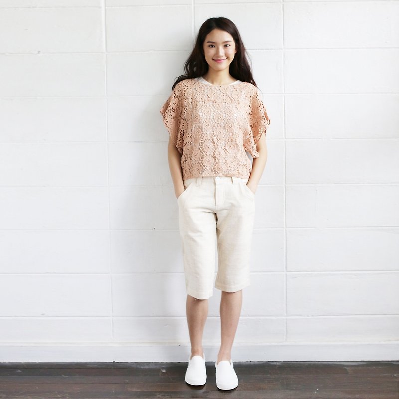 Tan Short Sleeve Over Size Tops Lace Cotton Soi-Fah - Women's Tops - Cotton & Hemp 
