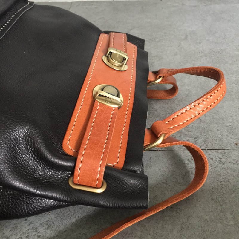 全手縫黑色軟牛皮 + Tan植鞣革後背包-極簡風手工皮革包 - 後背包/背包/書包 - 真皮 