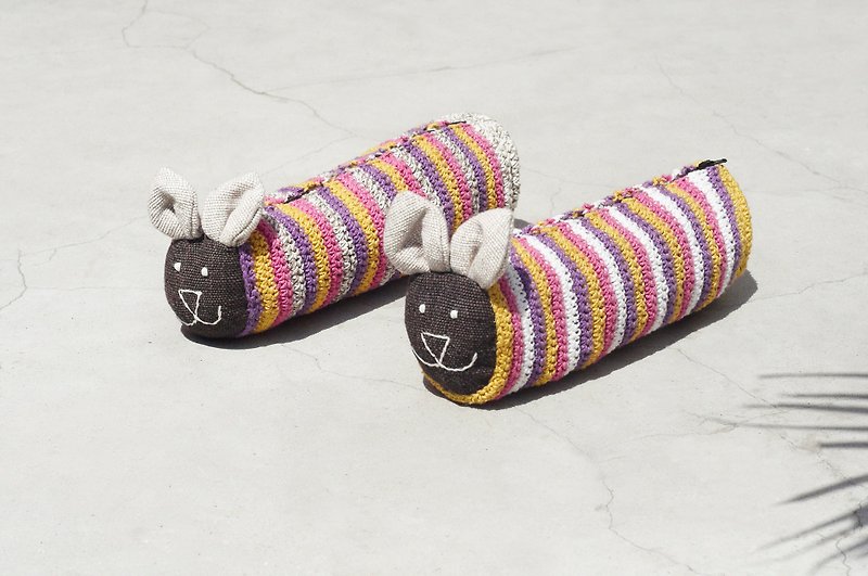Stationery Hand-woven Long Animal Storage Bag/ Pencil Case/ Cosmetic Bag/ Pencil Case-Crocheted Animal Bunny Striped Pencil Case - Pencil Cases - Cotton & Hemp Multicolor