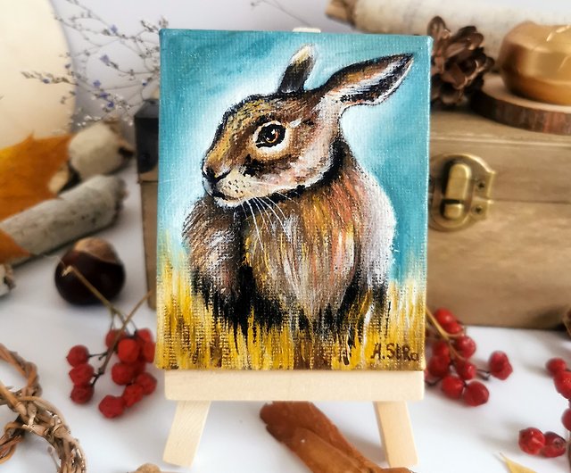 うさぎのオリジナル絵画 9x7 cm イーゼル付き, かわいいウサギ, 森の