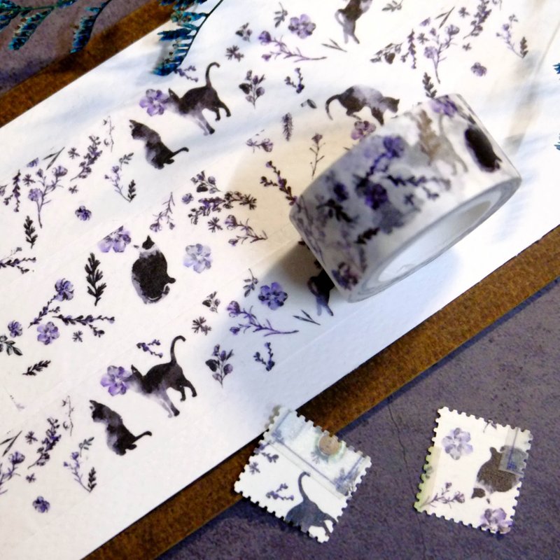 大馬士革 黑貓 復古 日本和紙 寬版紙膠帶 - 膠紙/膠帶/紙膠帶 - 紙 紫色