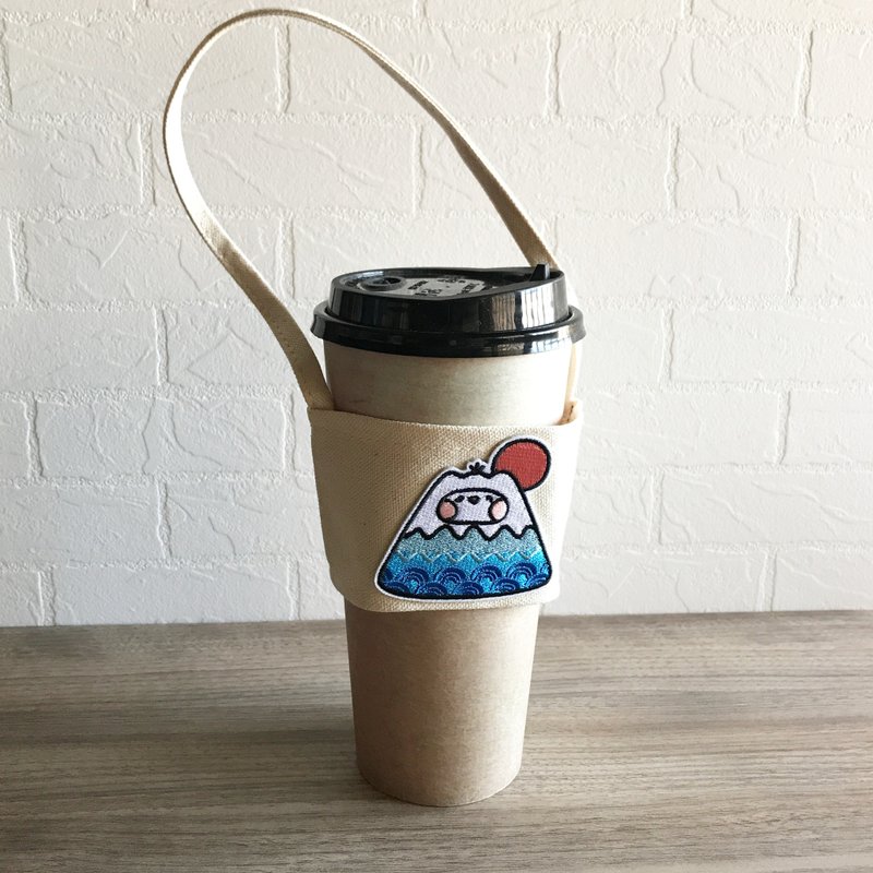 富士山 刺繡 帆布 飲料杯套 - 飲料提袋/杯套/杯袋 - 繡線 藍色