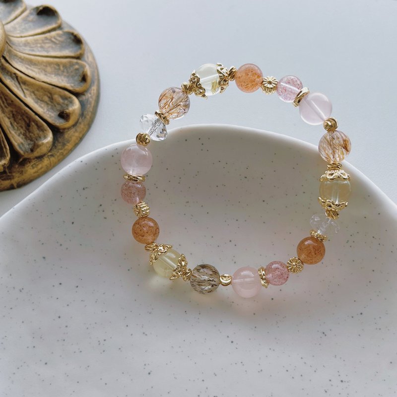 橘釉胭脂丨粉晶+金太陽丨桃花財運 人際自信丨客製化水晶手鍊 - 手鍊/手環 - 水晶 粉紅色