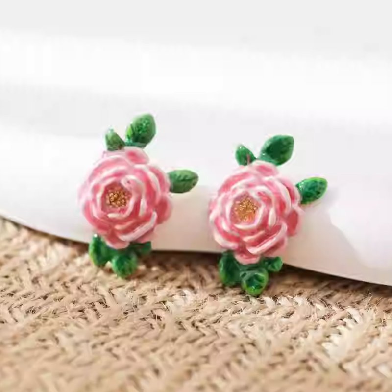 Romantic and sweet pink pottery rose flower painted enamel earrings - Earrings & Clip-ons - Enamel 