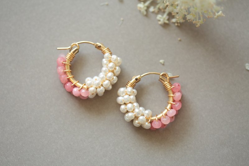 Happy circle 1.9cm│粉玉髓+珍珠款 可改夾式 - 耳環/耳夾/耳骨夾 - 半寶石 粉紅色