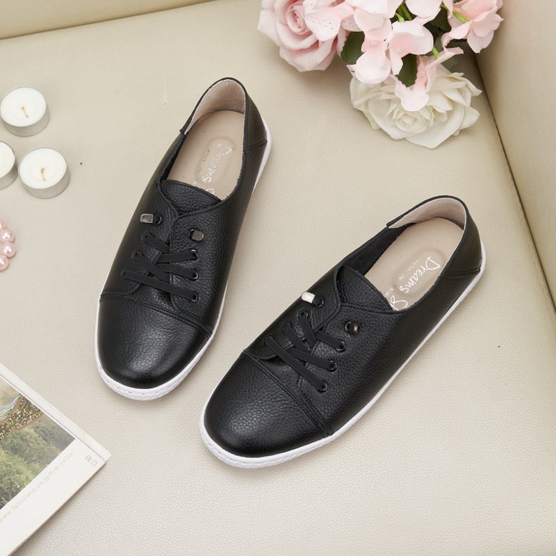 2way can be stepped on_elastic band flat casual shoes black beans - Women's Casual Shoes - Genuine Leather Black