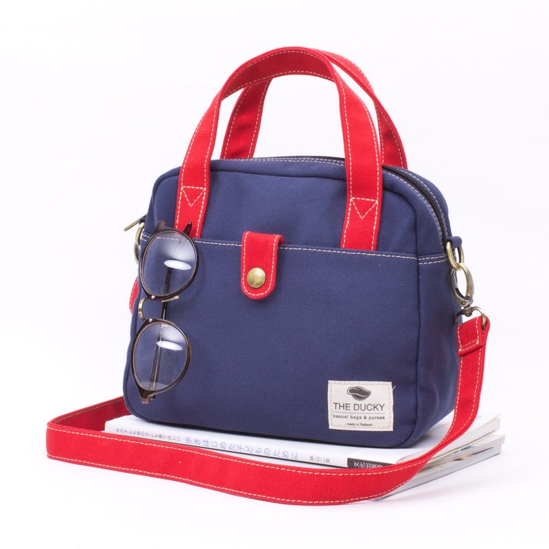 mini bag - navy blue+red(strap) - กระเป๋าแมสเซนเจอร์ - ผ้าฝ้าย/ผ้าลินิน สีน้ำเงิน