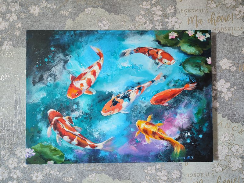 Koi Fish Painting Carp Oil Art Feng Shui Painting Japanese Artwork Koi Wall Art - ตกแต่งผนัง - วัสดุอื่นๆ 