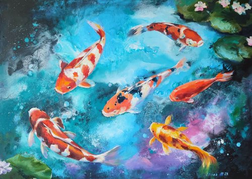 『白と金の鯉』F10 油彩画 oil painting art 白と金の鯉』F10 油彩画 oil painting art 白と金の鯉』