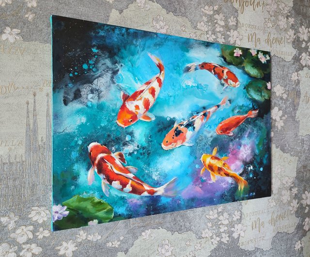 Koi watercolor, Japanese carps, Asian artwork, Fishes in pond