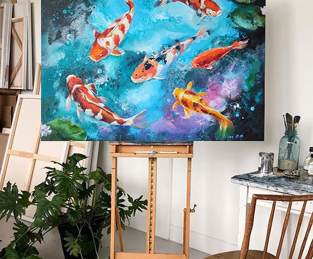 鯉の魚の絵鯉の油アート風水絵画日本のアートワーク鯉ウォール